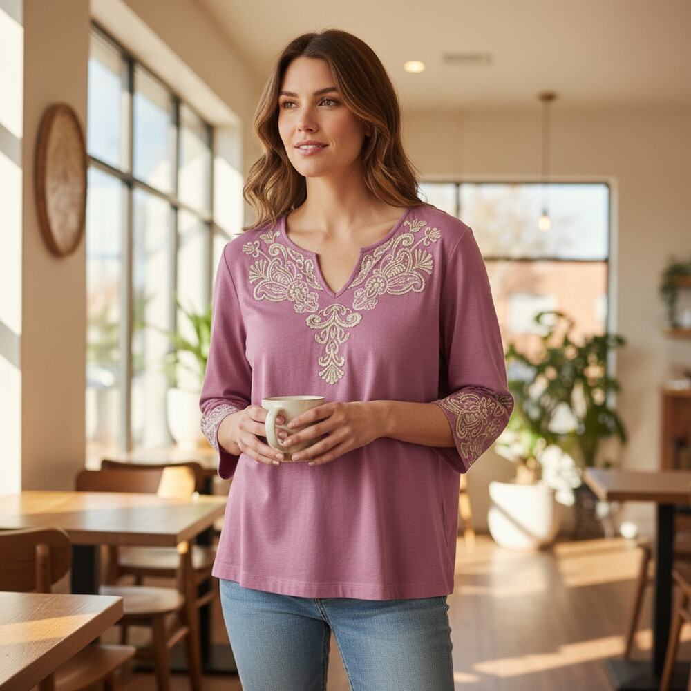 J. Jill Embroidered Top XL Pink Cream V-Neck 3/4 Sleeves Cotton Blend